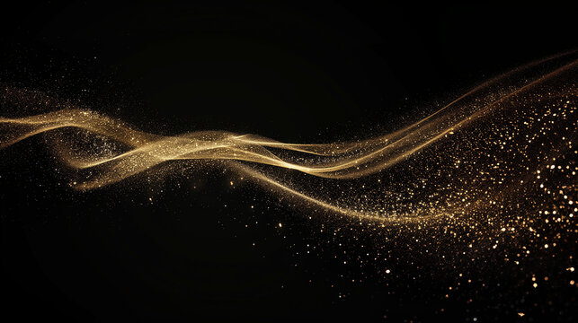 A single trail of sparkling gold glitter on a black background, with the trail transforming into an elegant and graceful curve that conveys movement and fluidity. The particles in each grain sparkle 