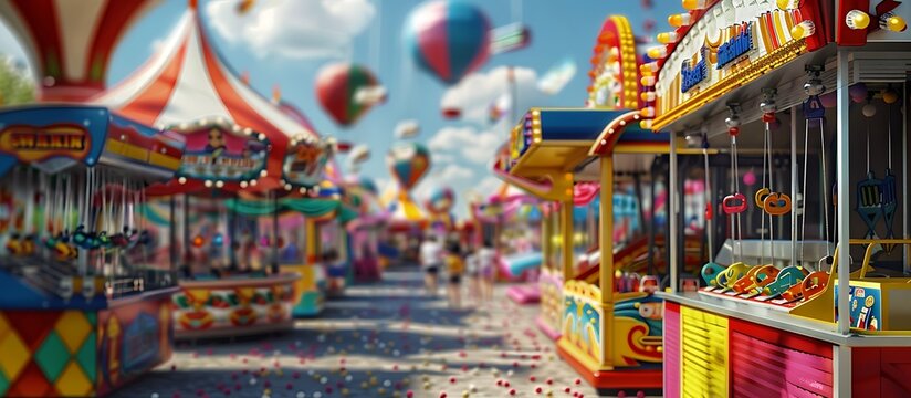 A vibrant carnival scene with colorful rides and game booths.