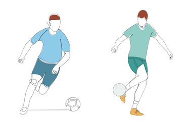 Continuous line drawing of soccer players kicking the ball. Young football players with a ball. Vector illustration
