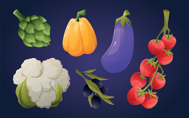 Set of bright fresh vegetables. Collection of vector isolated cartoon illustrations.