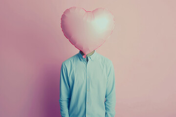 Young man covering his head with heart shaped helium balloon on pink studio background. Love, romance, greeting card mockup