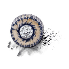 Car wheel tyre with dirt mud splashes. Watercolor illustration isolated on transparent background. Hand drawn 4x4 truck part for car repair, auto parts, service, touring, off-roading, camping designs