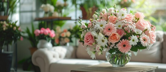 花がいっぱいの明るいリビングルームの花束
