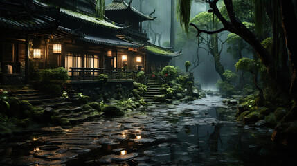 Naklejka premium Japanese Houses With Lots Of Green Plants And Trees Landscape Background