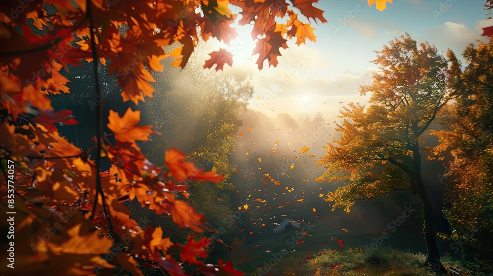 Poster scenic autumn landscape with vibrant foliage and sunlight filtering through trees, creating a beauti