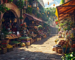 A vibrant market scene with stalls selling handmade crafts and local goods.