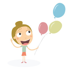 Happy girl with bun hair holding colorful balloons. Vector illustration.
