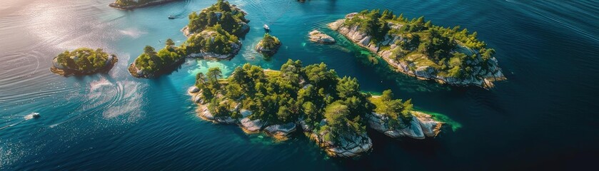 Obraz premium Aerial view of beautiful small islands covered in lush green trees surrounded by clear blue water with sun reflecting on the surface, perfect nature scenery.