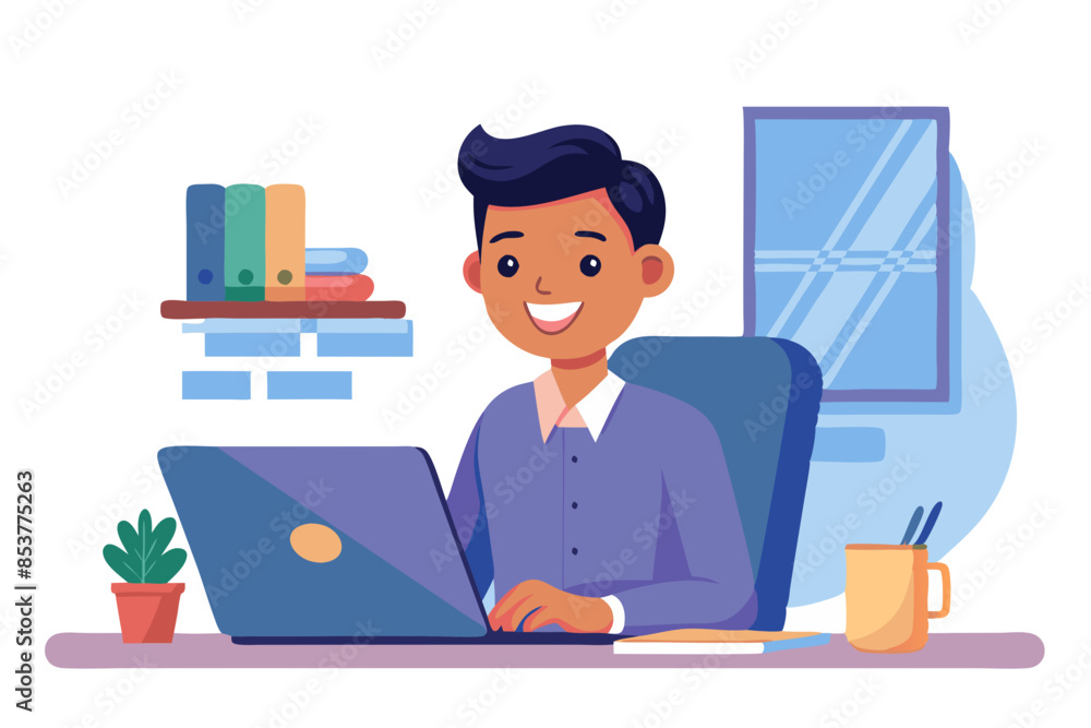 Aufkleber smiling indian man working on a laptop in the office sitting at a table in front of a screen writing