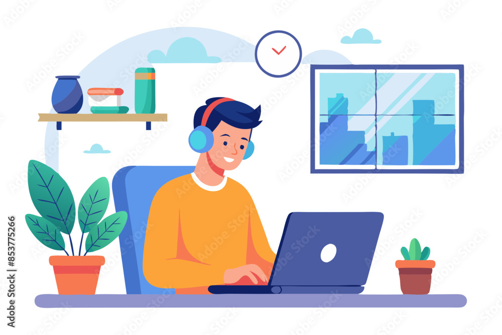 Poster man working remotely with headset and laptop in modern office modern flat design simple vector illus