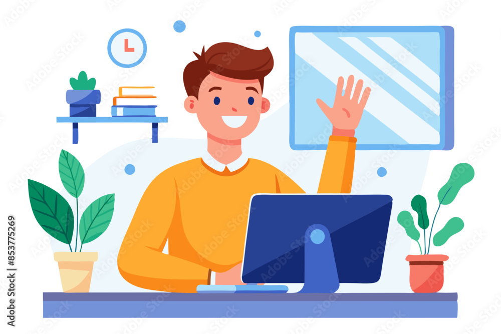 Poster smiling man waving in modern office during video call modern flat design simple vector illustration 