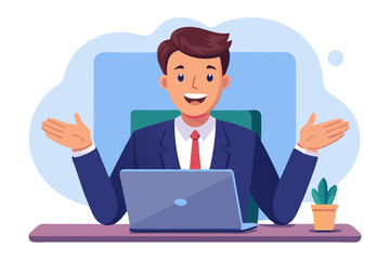 Close-up photo of a handsome young man businessman working in the office sitting at a laptop and gesturing with his hands excitedly and talking on a video call modern flat design simple vector