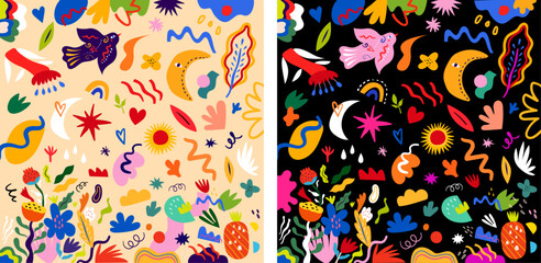 Colorful fun art floral background. Abstract bright doodles with flowers and leaves. Holiday festival ornamental decorative background. Brazil carnival background. Notebook cover