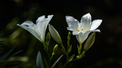 Fototapeta premium Two white flowers are in a dark background