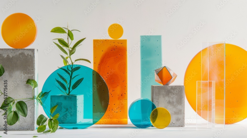 Poster a collection of colorful glass and concrete objects arranged in a row