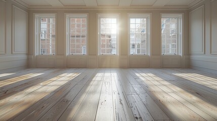Spacious empty room with large windows letting in abundant natural light, highlighting the wooden floor and classic interior design.