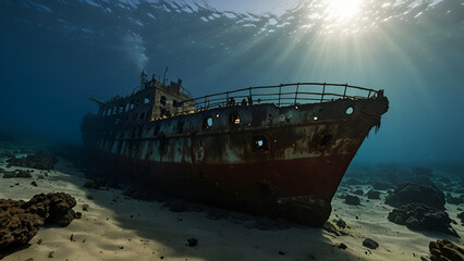 A shipwreck lies in the sea, and weathered, telling tales of its past voyage.