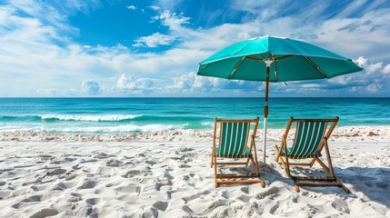 A blue umbrella is shading two beach chairs on a sandy beach