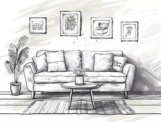 living room furniture hand drawn sketch illustration vector simple line drawing