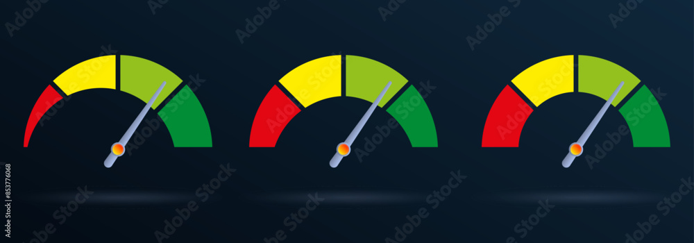 Poster speedometer icon set. gauge, speed meter, risk indicator with arrow and colorful scale. infographic 