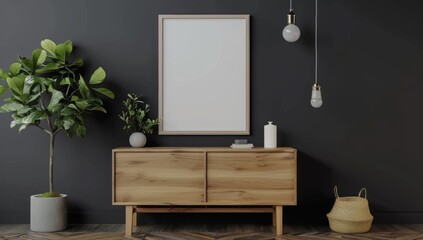 An empty poster frame mockup on the wall in the livingroom