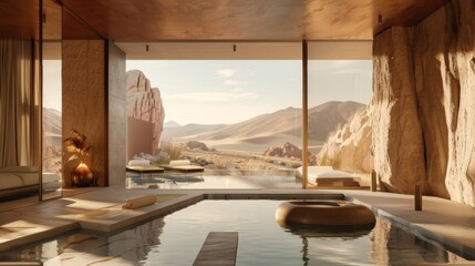 A large, open living room with a pool and a view of mountains