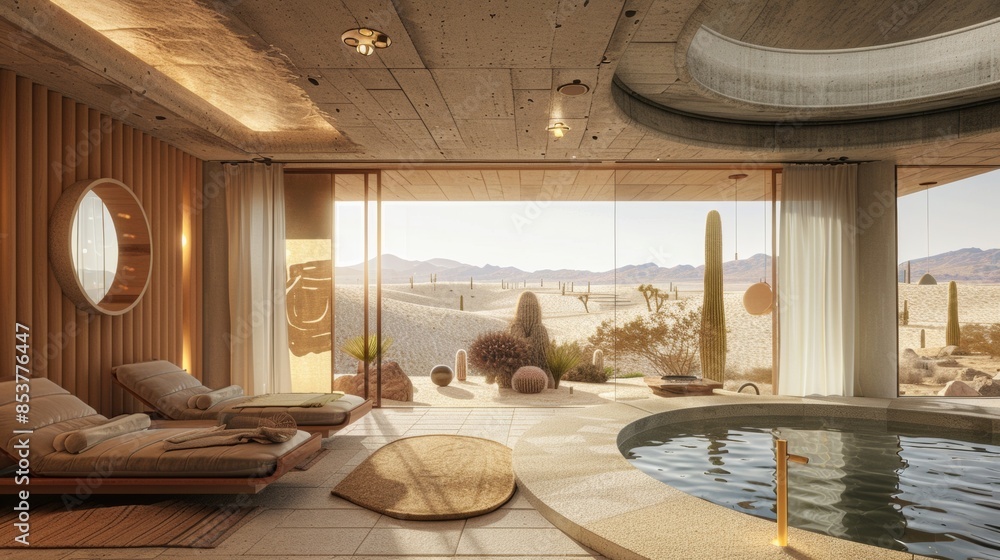 Poster a large room with a pool and a view of the desert