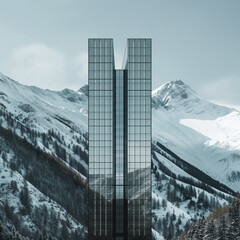 Symmetrical Glass Building with Vertical Grid Patterns Against Snowy Mountain Backdrop