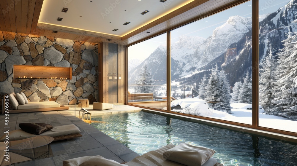 Poster a large, modern pool with a view of mountains in the background