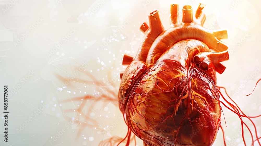 Poster a close-up illustration of a human heart, showcasing its intricate internal and external structures,