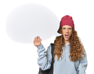 Redhead holding a comic speech bubble screaming very angry and aggressive.