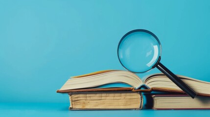 Vintage Books with Magnifying Glass on Blue Background, Generative AI