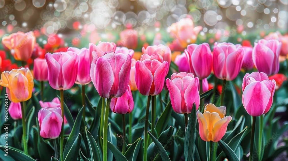 Aufkleber a vivid image showcasing a colorful selection of tulips with a bokeh background, enhancing the flowe