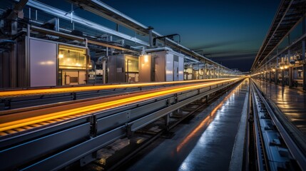 Naklejka premium High speed automated packaging line in large room with machines packing products into film