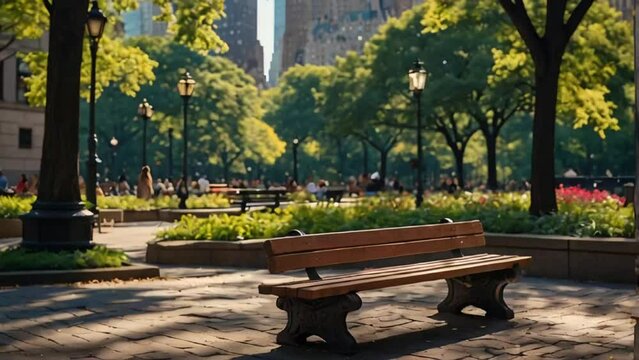 Benches in a New York park in summer