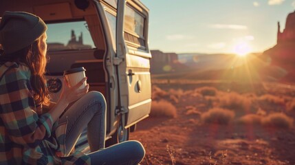 Naklejka premium A female rest with a cup of coffee with camper van in wilderness camping site.