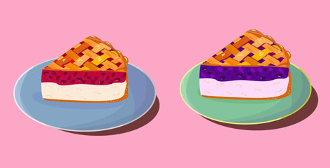 Cute cartoon cherry and blueberry pie drawing. Hand drawn slice of traditional fruit pie. Isolated vector illustration