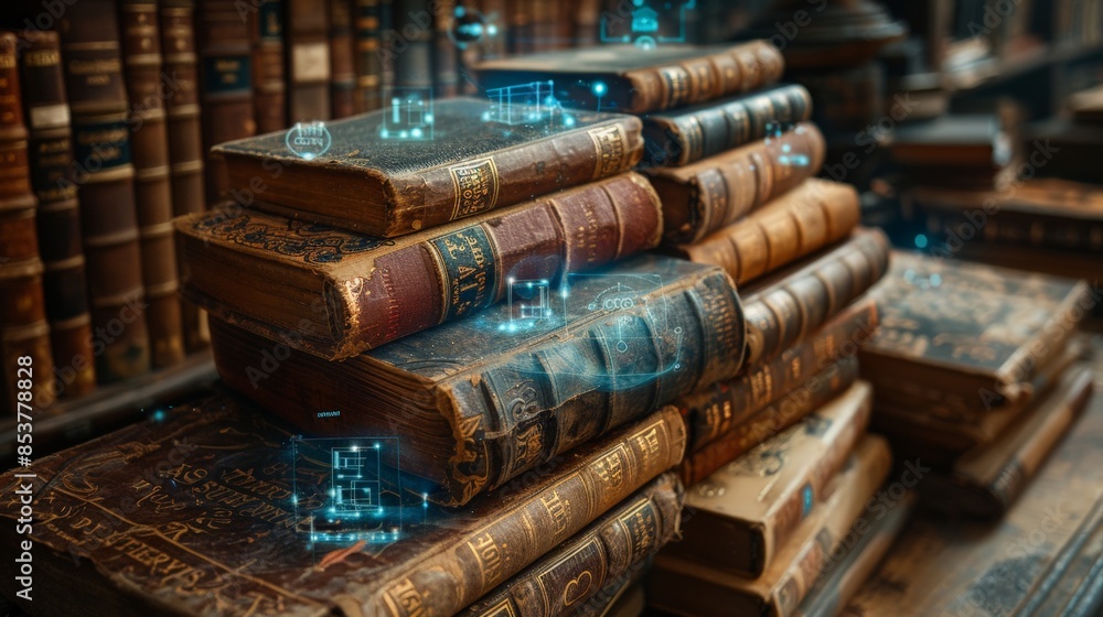 Fototapete old books with digital annotations: illustrate a background featuring stacks of old books with glowi