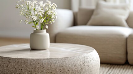A stylish marble coffee table in a living room with soft, neutral decor. A marble coffee table brings elegance to a minimalist living room.