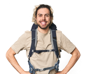 Young Caucasian hiker with backpack confident keeping hands on hips.