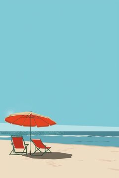 Beautiful vector illustration of tropical beach with umbrella and chair for poster greeting card design