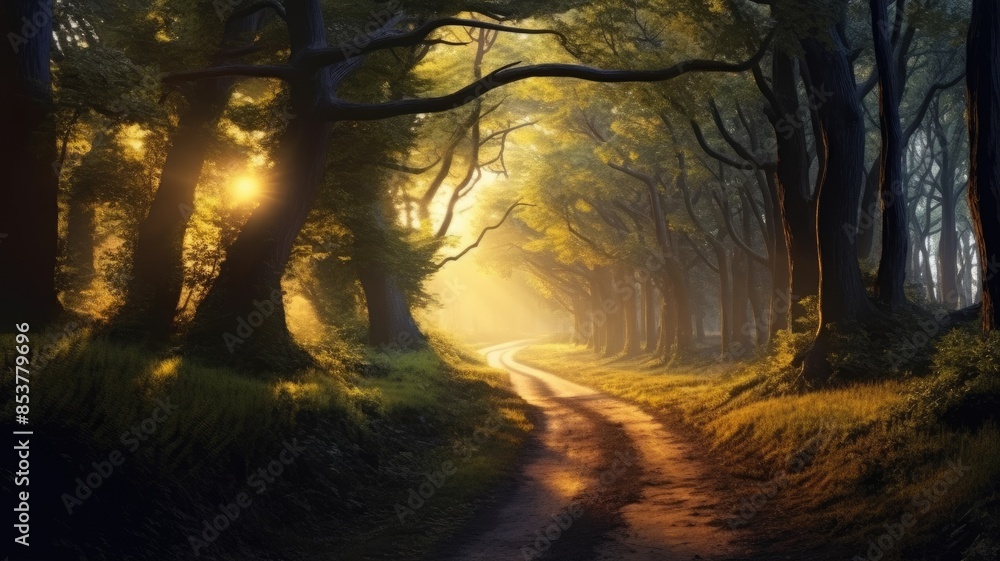 Poster enchanting forest pathway with beams of sunlight filtering through the trees, creating a mystical at