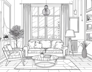line art of living room interior with tv stand, bookshelf and potted plants, coloring pages for adults, bold lines,
