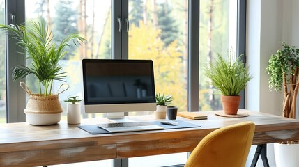 Cozy workplace with an iMac, wooden desk and various plants in a bright room with windows