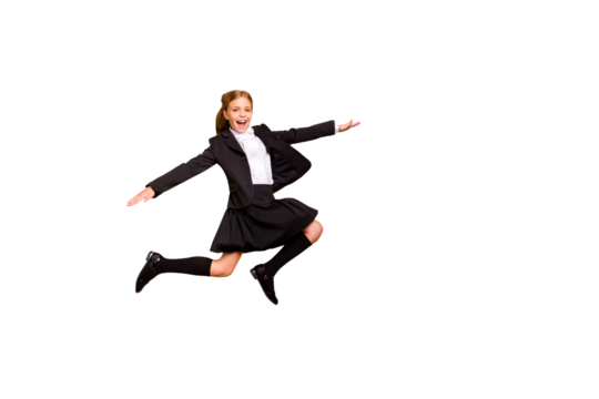 Full body photo of charming stylish trendy kid raise arms hands scream shout laughing isolated over yellow background