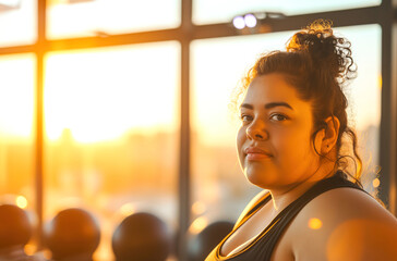 A young fat woman is exercising in the gym