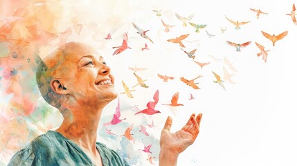 Photo of young, smiling, bald woman with cancer on white background. Banner, mockup, girl pointing with hand. A flying flock of colorful birds painted watercolor. Rehabilitation, remission, oncology.