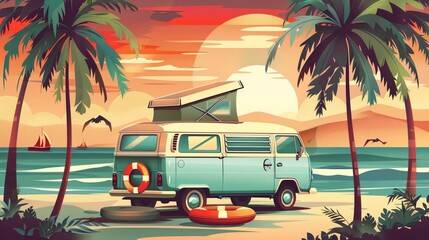 Beautiful vector illustration of tropical beach with vintage camper van for poster greeting card design