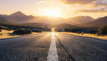 A long road leading into the distance, with white lines on both sides of the asphalt, with brown hills in the background and sunset light shining through them.
