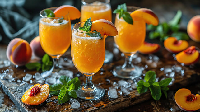 Delicious Fresh Peach Juice Garnish With Mint Leaves On Table On Blurry Background